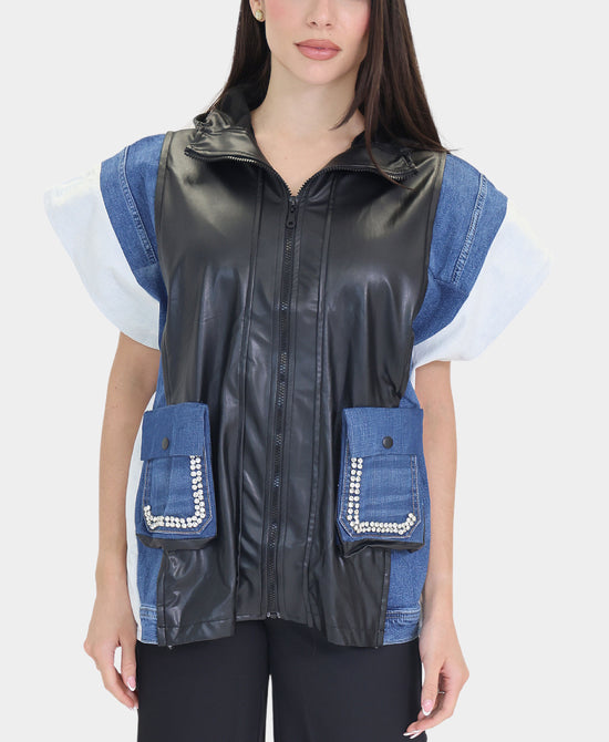 Denim & Faux Leather Vest view 
