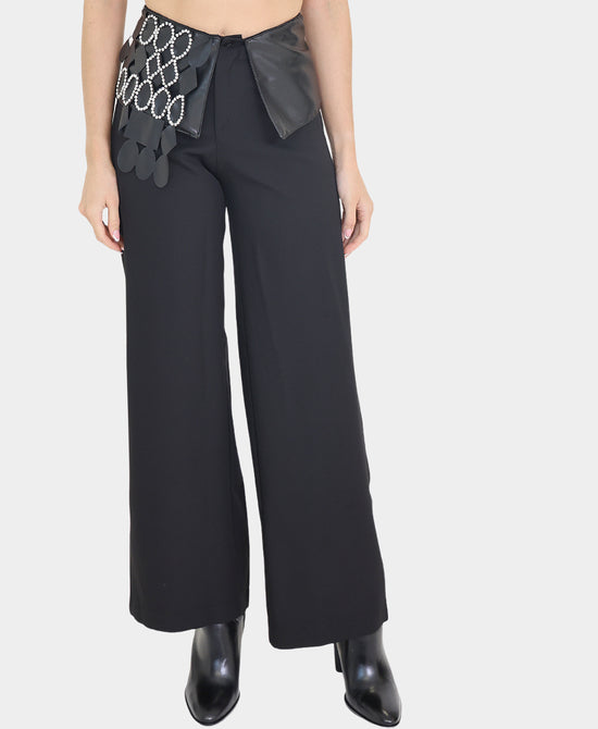 Pants w/ Faux Leather & Rhinestone Trim view 