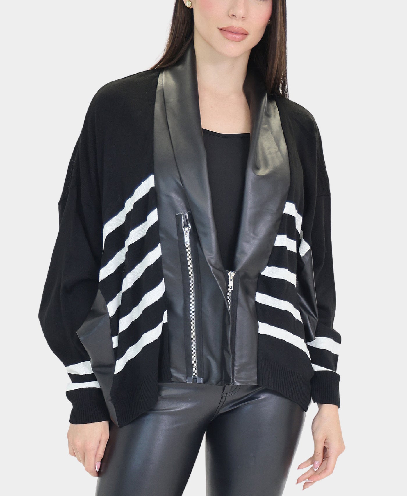 Stripe & Faux Leather Top view 1