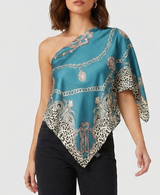 
Chain & Leopard Satin Scarf Poncho in TEAL MULTI view 2