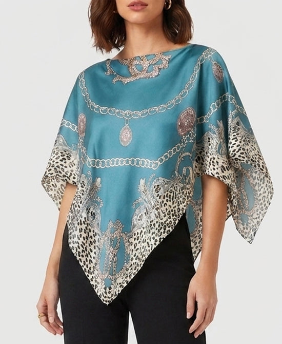 
Chain & Leopard Satin Scarf Poncho in TEAL MULTI view 1