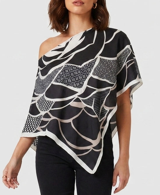 
Geometric Print Satin Scarf Poncho in BLACK/WHITE view 2
