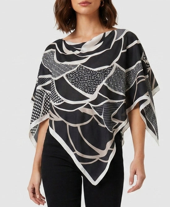 
Geometric Print Satin Scarf Poncho in BLACK/WHITE view 1