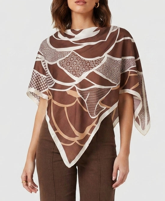 
Geometric Print Satin Scarf Poncho in brown view 1