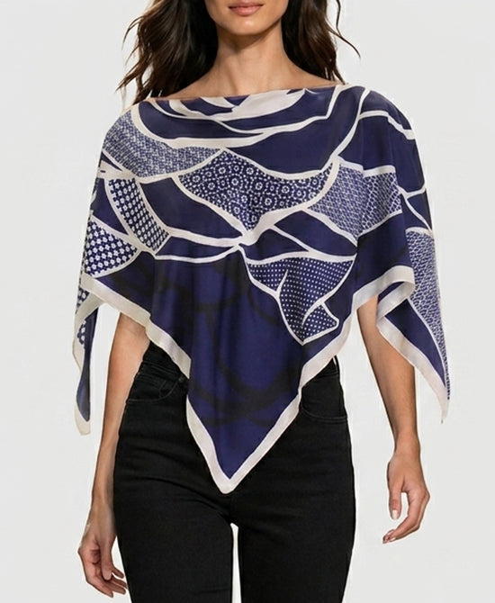
Geometric Print Satin Scarf Poncho in NAVY/WHITE view 1