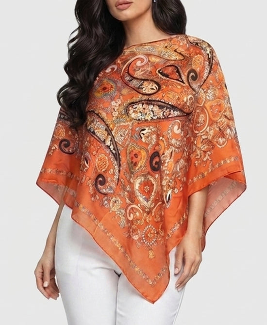
Print Satin Scarf Poncho in ORANGE MULTI view 1