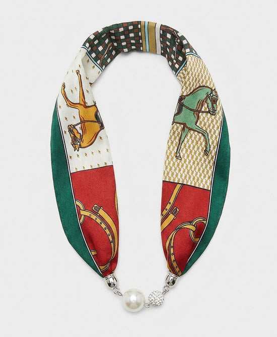 
Faux Pearl Printed Scarf Necklace in GREEN MULTI view 2