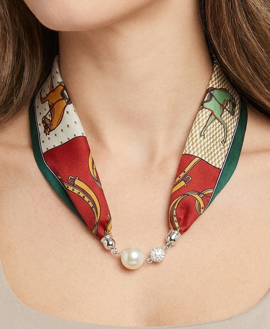 
Faux Pearl Printed Scarf Necklace in GREEN MULTI view 1