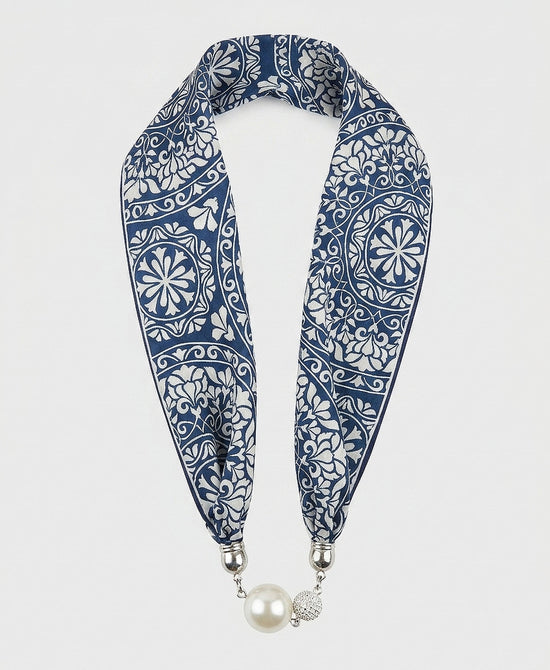 
Faux Pearl Printed Scarf Necklace in NAVY view 2