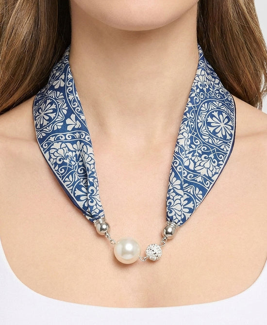 
Faux Pearl Printed Scarf Necklace in NAVY view 1