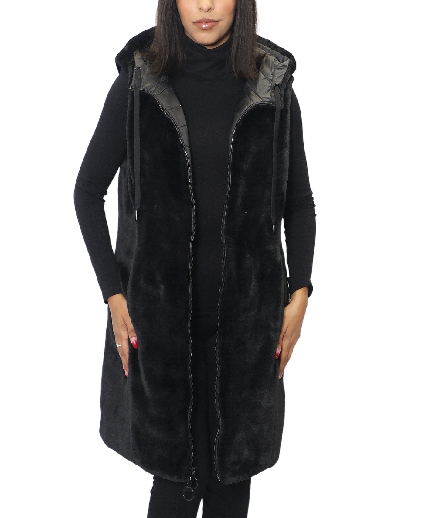 Reversible Puffer/Faux Fur Long Hooded Vest image 2