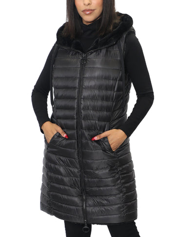 Reversible Puffer/Faux Fur Long Hooded Vest image 1