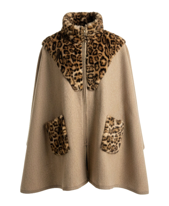 Faux Fur Leopard Trim Poncho view 