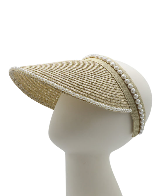Straw Sun Visor Hat w/ Faux Pearls view 1
