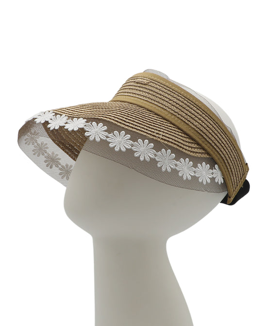 Straw Sun Visor Hat w/ Lace Flower Trim view 1