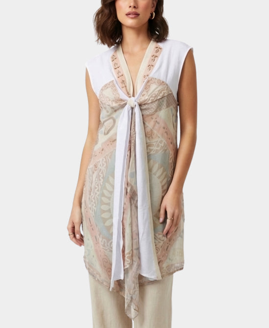 Sheer Printed Vest Top w/ Rhinestones & Beads view 1