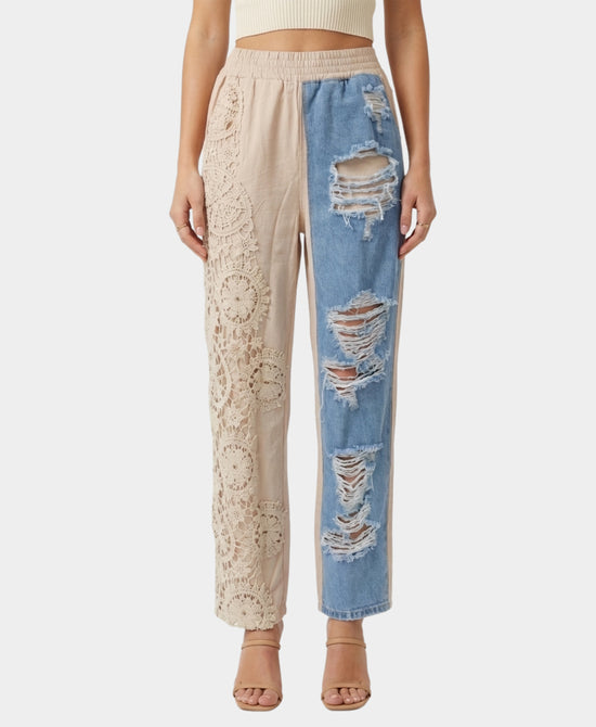 Denim Trim Pants w/ Crochet Trim view 1