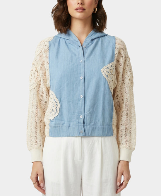 Denim & Crochet Trim Top w/ Hood view 1