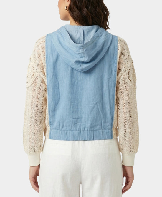 Denim & Crochet Trim Top w/ Hood view 2