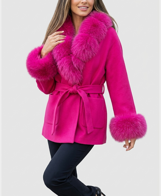 
Wool Blend Coat w/ Fox Fur Trim & Hood in NEON PINK view 1