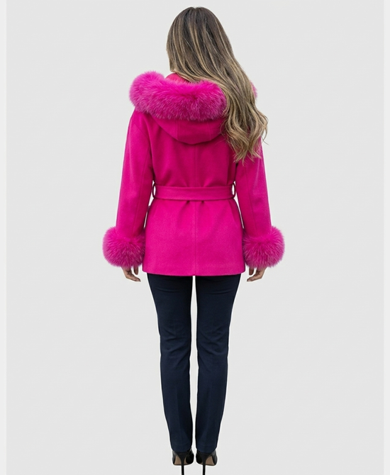 
Wool Blend Coat w/ Fox Fur Trim & Hood in NEON PINK view 2