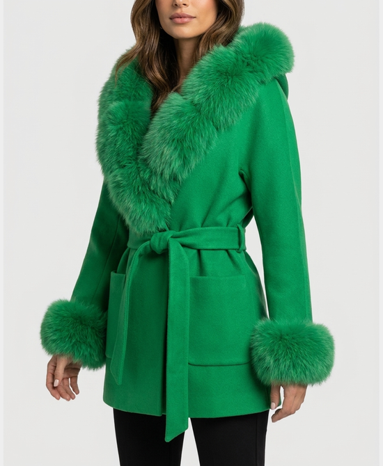 
Wool Blend Coat w/ Fox Fur Trim & Hood in NEON GREEN view 1
