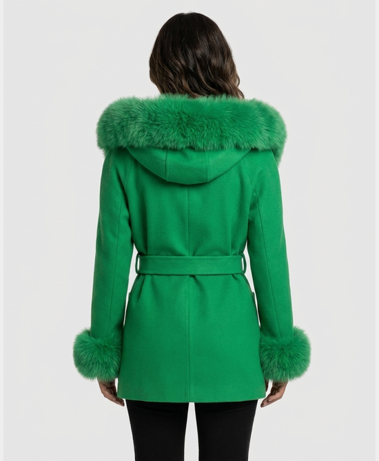 
Wool Blend Coat w/ Fox Fur Trim & Hood in NEON GREEN view 2