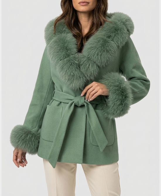 
Wool Blend Coat w/ Fox Fur Trim & Hood in MOSS GREEN view 1