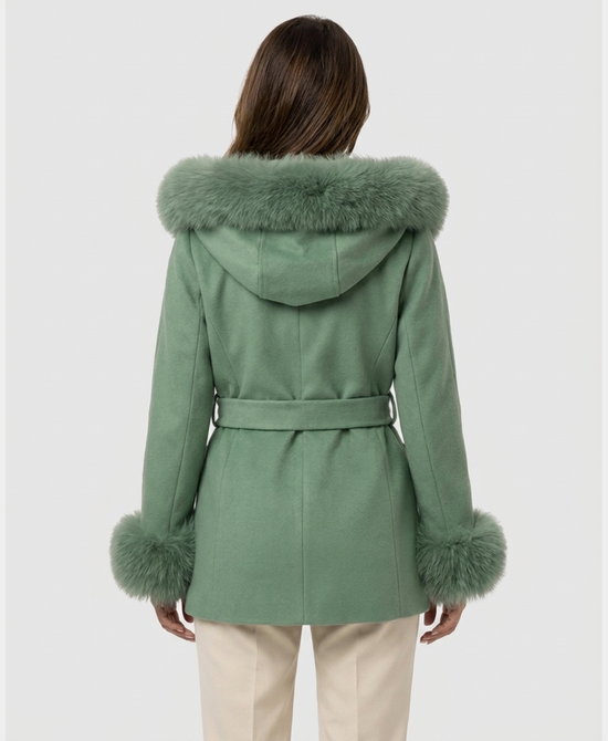 
Wool Blend Coat w/ Fox Fur Trim & Hood in MOSS GREEN view 2