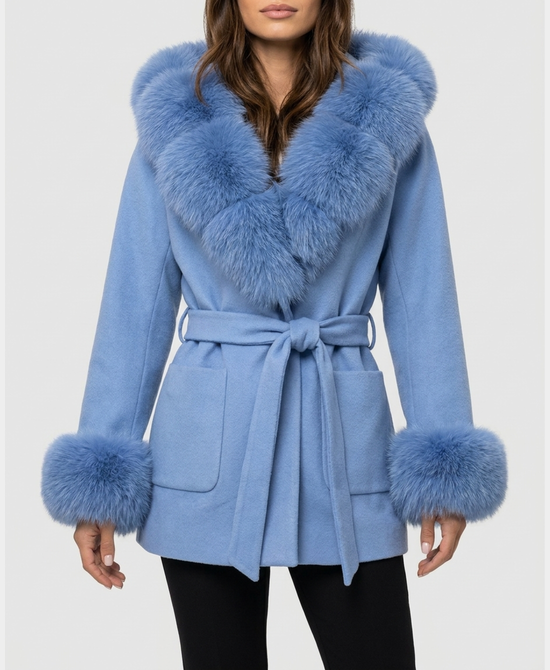 
Wool Blend Coat w/ Fox Fur Trim & Hood in POWDER BLUE view 1