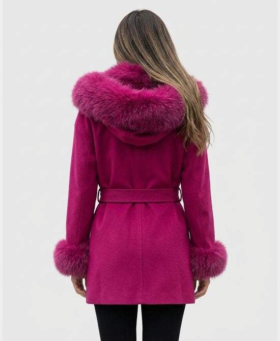 
Wool Blend Coat w/ Fox Fur Trim & Hood in DEEP MAGENTA view 2