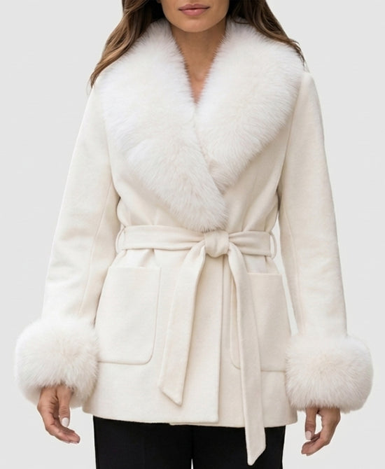
Wool Blend Coat w/ Fox Fur Trim & Hood in IVORY view 1
