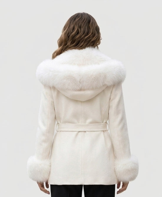 
Wool Blend Coat w/ Fox Fur Trim & Hood in IVORY view 2