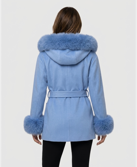 
Wool Blend Coat w/ Fox Fur Trim & Hood in POWDER BLUE view 2
