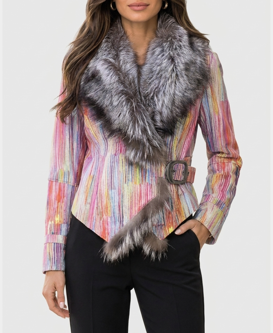 
Multicolor Leather Jacket w/ Fox Fur Trim in MULTI view 1