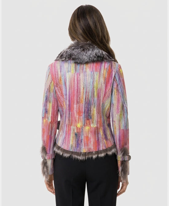 
Multicolor Leather Jacket w/ Fox Fur Trim in MULTI view 2