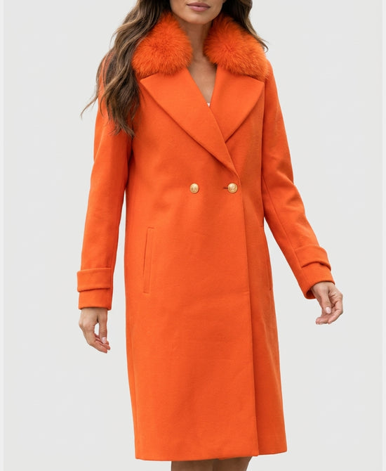 
Wool Blend Coat w/ Fox Fur Trim in ORANGE view 1