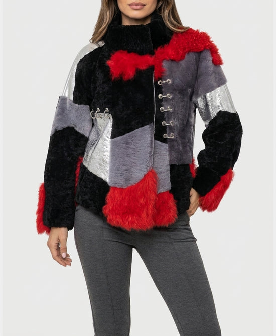 
Mixed Media Shearling Jacket w/ Ring Detail in MULTI view 1