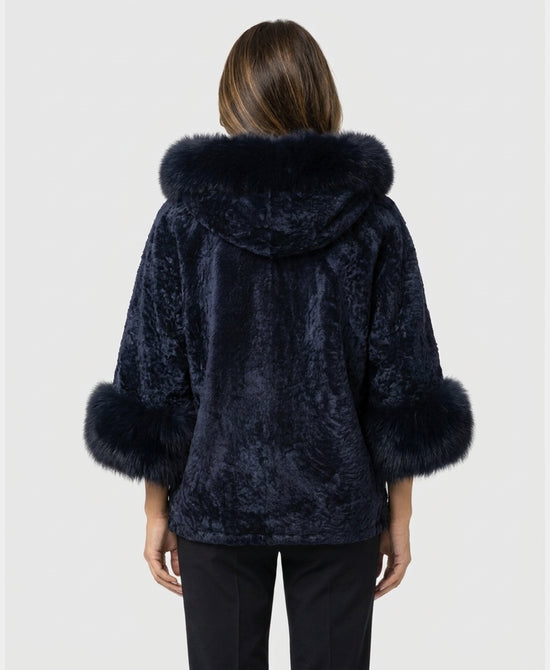 
Shearling Jacket w/ Fox Fur Trim & Hood in NAVY view 2