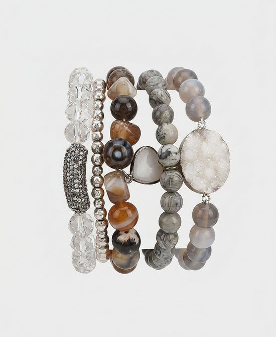 
Set Of 5 Natural Stone Beaded Bracelets in GREY MULTI view 2