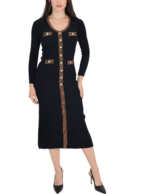 Knit Midi Dress w/ Leopard Denim Trim view 