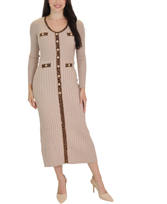 Knit Midi Dress w/ Leopard Denim Trim view 