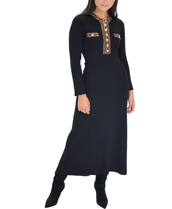 Knit Midi Dress w/ Leopard Denim Trim view 