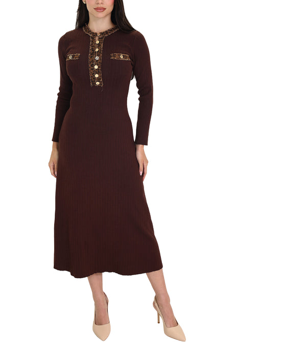 Knit Midi Dress w/ Leopard Denim Trim view 