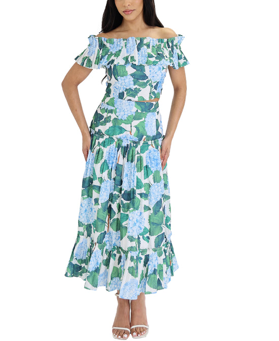 Floral Print Pleated Top & Midi Skirt Set- 2 Pc Set view 1