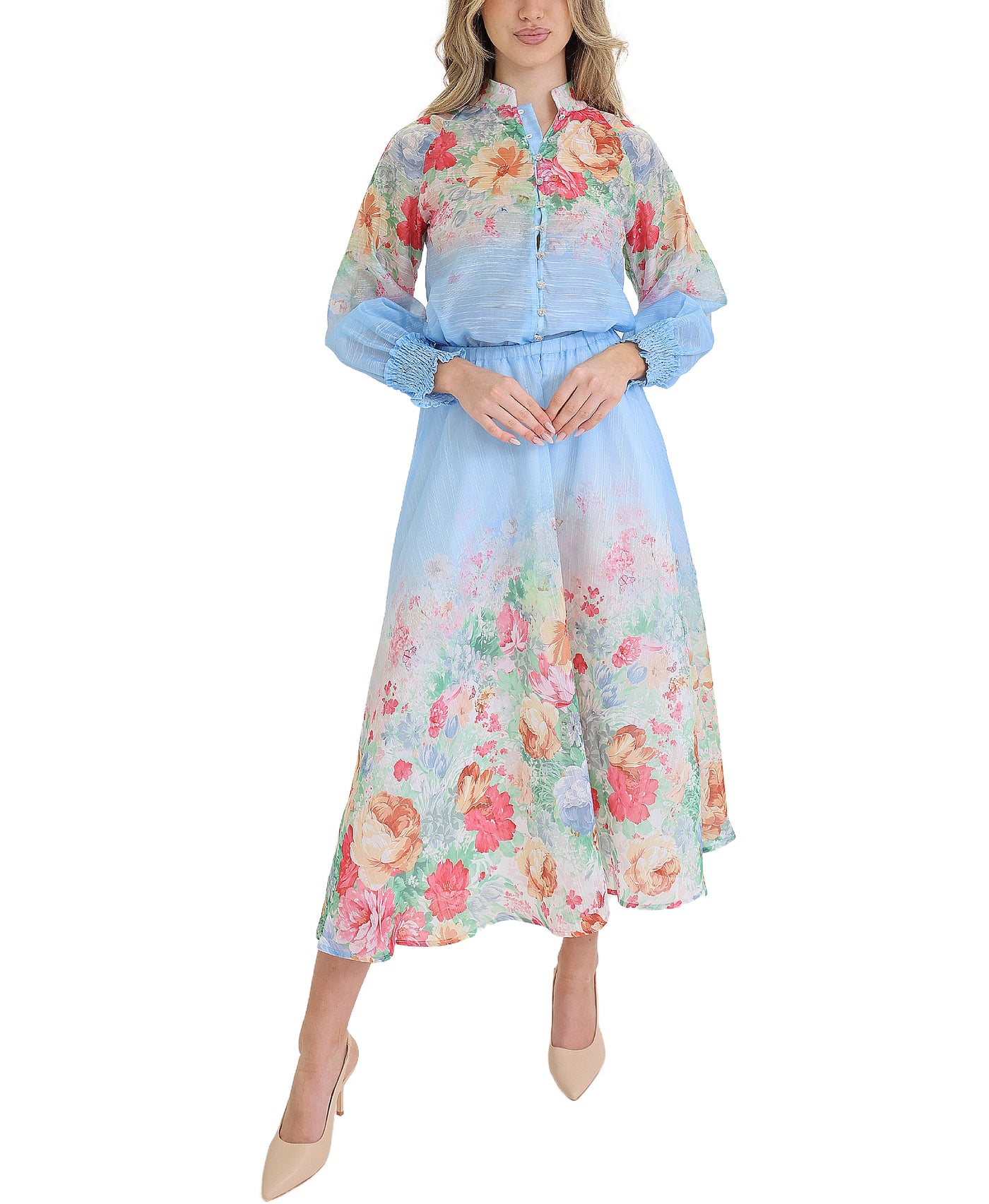 Floral Printed Blouse & Midi Skirt Set- 2 Pc Set view 1