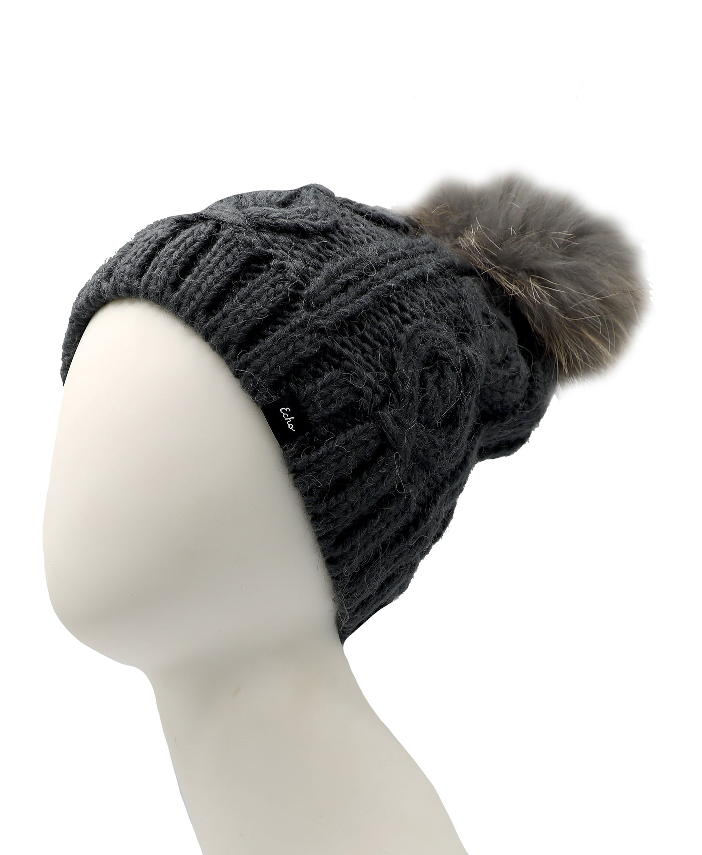 Cable Knit Hat w/ Fur Pom view 1