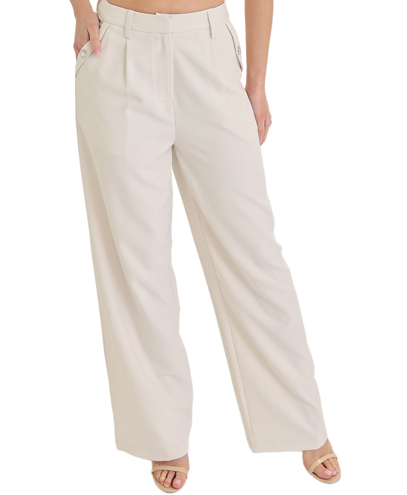 Pleated Pants w/ Button Accent