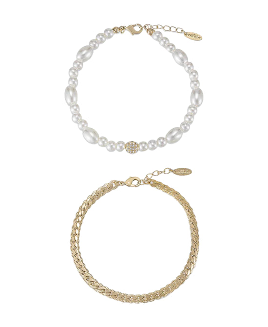 Set Of 2 Faux Pearls & Gold Chain Anklets view 1