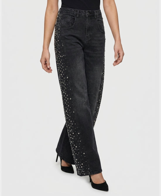 
Wide Leg Jeans w/ Rhinestones & Jewels in BLACK view 1